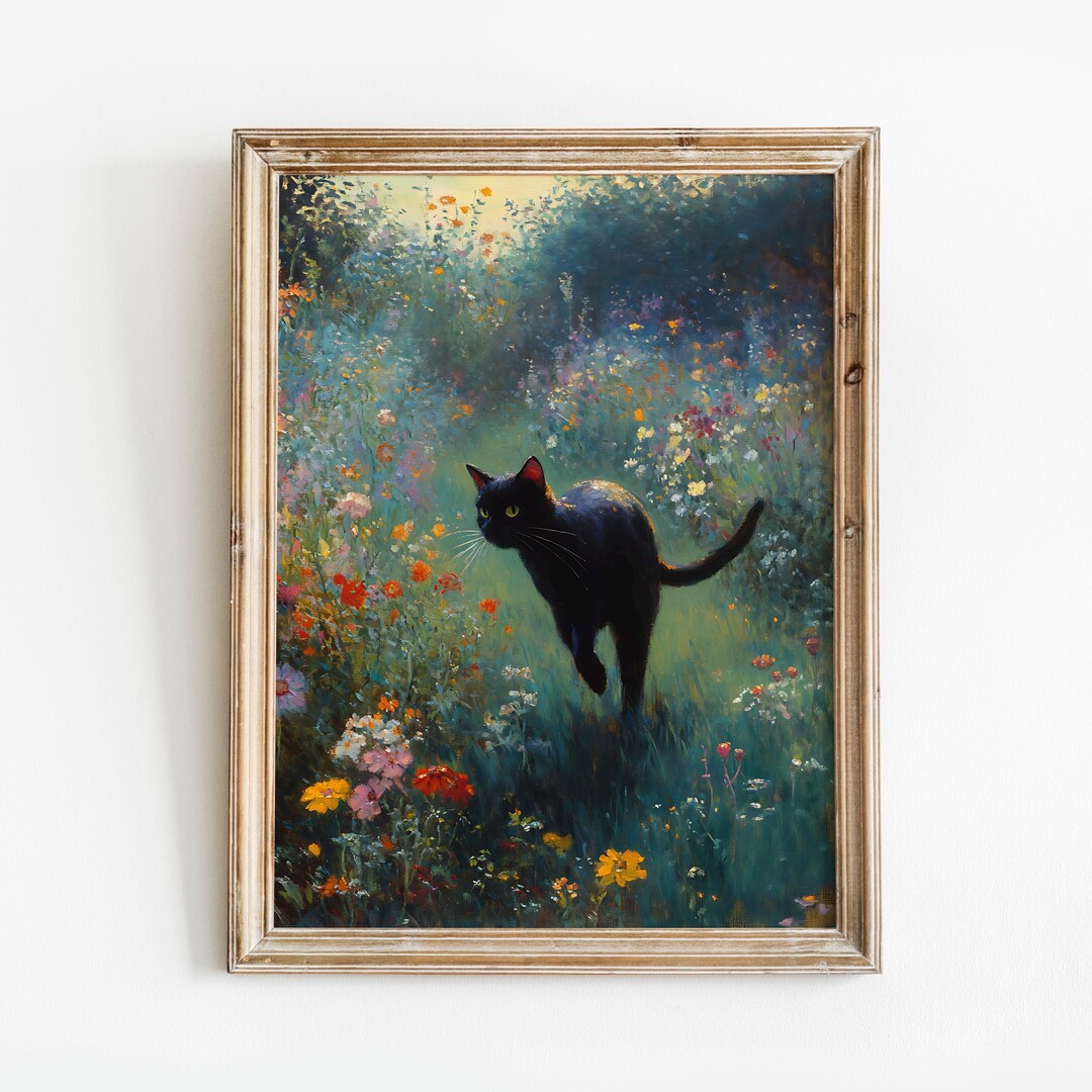 Black Cat Wildflower Print Wall Art, Moody Cottagecore Art, Dark ...