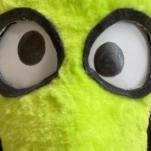 May include: Close-up of a plush, lime green monster face with large, round eyes. The eyes have white mesh pupils with dark brown centers, framed by black felt. The fur is soft and textured.