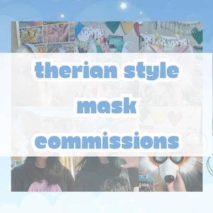 May include: A collage of animal-themed masks featuring various colours and designs, with the text "therian style mask commissions" centred in a white box. The top left corner displays a logo with the text "stickbuggy STUDIO".