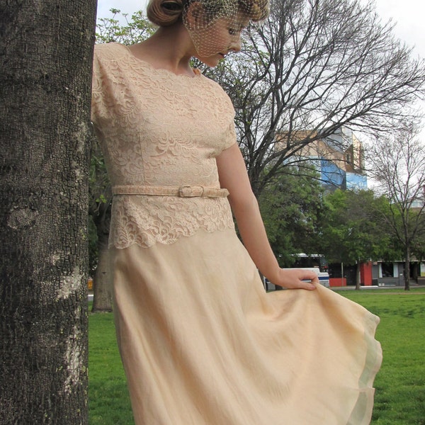 SALE 1940's Cream Lace and Sheer Skirt Dress