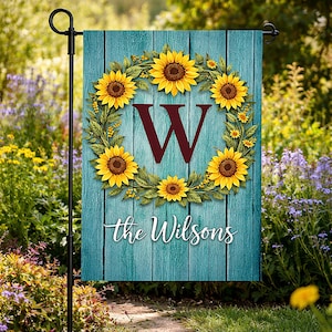 Personalized Sunflower Garden Flag, Custom Family Name Monogram, Outdoor Decorative Flower Yard Flag, Welcome Home Decor