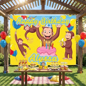 May include: A rectangular birthday party backdrop featuring a yellow background with illustrations of Curious George monkeys, colorful balloons, and a pink cake. The text reads Happy Birthday and the name Alyssa in blue script lettering.