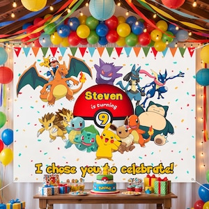 May include: A white banner with colorful cartoon characters and the text "Steven is turning 9" and "I chose you to celebrate!" is displayed at a birthday party. The banner is decorated with balloons and streamers.