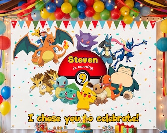 Personalized Pokemon Birthday Backdrop, Custom Pikachu Party Banner, Kids Pokemon Decorations, Boy Birthday Photo Background