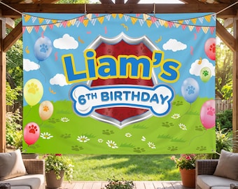 Personalized Puppy Theme Birthday Backdrop, Dog Patrol Party Banner, Custom Paw Print Background, Boy Birthday Decor, Rescue Dog Sign