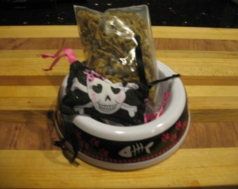 Black and Pink Cat Gift Basket with Homemade Treats + Handmade Catnip Toy