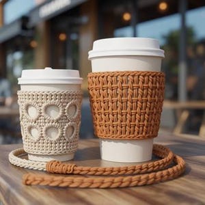 May include: Two white paper coffee cups with lids, each in a knitted cozy. One cozy is beige with heart cutouts, the other is brown with a woven pattern. A matching brown knitted strap lies on the wooden table.