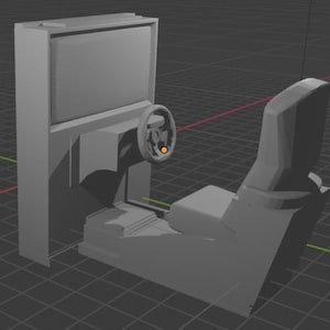 May include: A gray arcade racing game machine with a steering wheel, seat, and screen. The machine is designed for a single player and is made of a solid, gray material. The steering wheel is positioned in front of the seat.