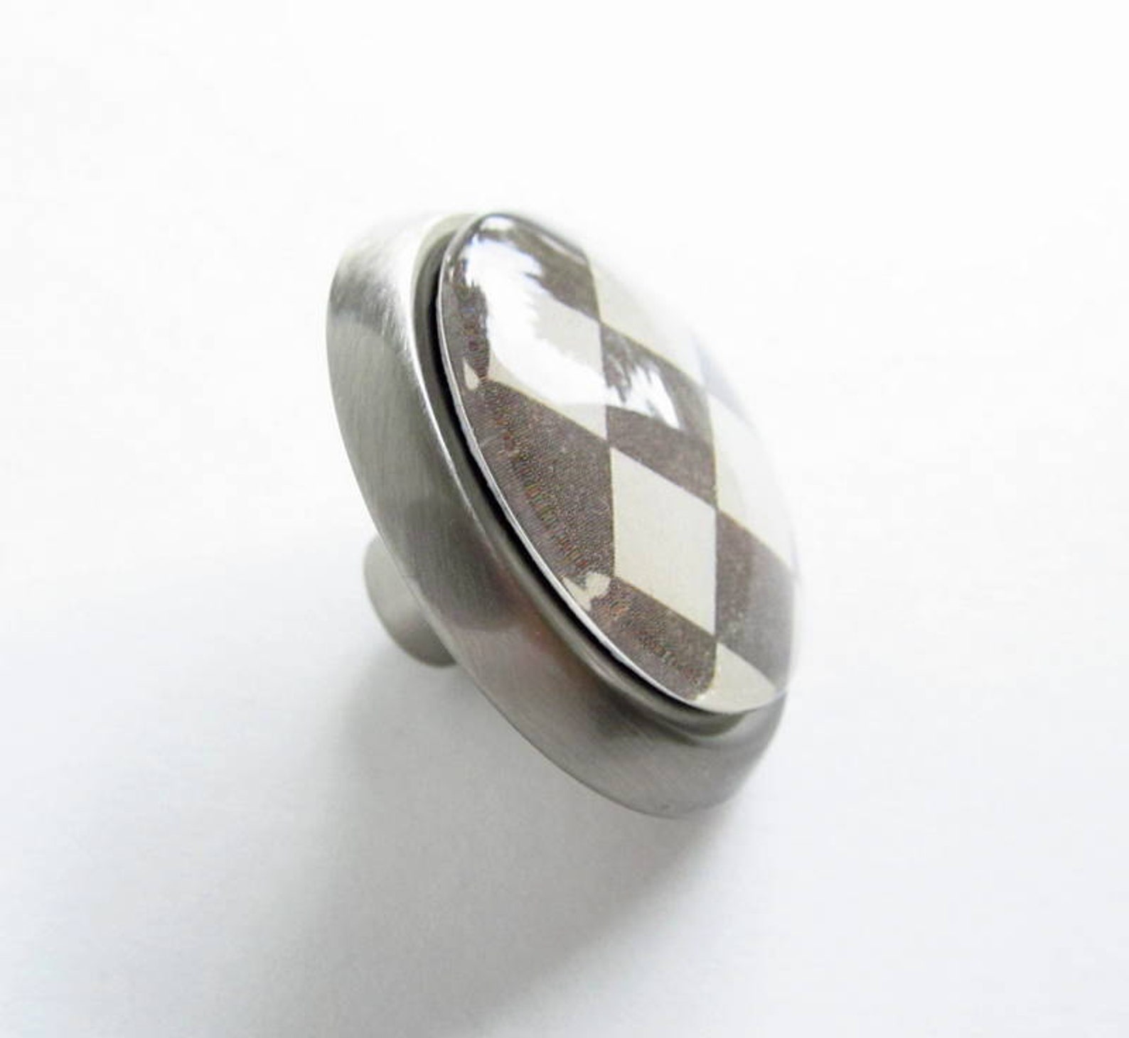 Checker Knob Grey Glass Drawer Dresser Pull Metal Etsy