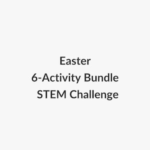 Peut inclure: Fond blanc avec le texte noir "Easter 6-Activity Bundle STEM Challenge". Le texte est centré et empilé, avec "Easter" en haut, suivi de "6-Activity Bundle", et "STEM Challenge" en bas.