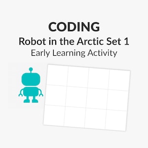 Może przedstawiać: Białe tło z tekstem „CODING Robot in the Arctic Set 1 Early Learning Activity”. Po lewej stronie znajduje się turkusowa grafika robota, a po prawej siatka.