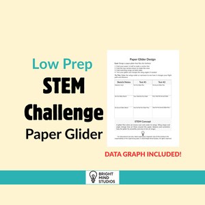 May include: A printable educational worksheet titled Paper Glider Design with instructions, a grid for sketches and test results, and a STEM concept explanation. The text Low Prep STEM Challenge Paper Glider and DATA GRAPH INCLUDED! are visible.