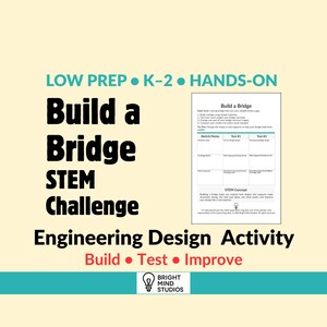 Pode incluir: Uma folha de atividades STEM imprimível intitulada Build a Bridge com seções para esboços, notas e testes. A página inclui instruções para construir, testar e melhorar projetos de pontes, com o logotipo da Bright Mind Studios abaixo.