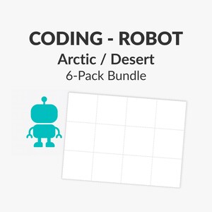Puede incluir: Un gráfico de robot turquesa junto a una cuadrícula blanca con líneas punteadas, y el texto "CODING - ROBOT Arctic / Desert 6-Pack Bundle". El robot tiene una cabeza y un cuerpo redondeados con brazos y piernas pequeños.