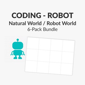 May include: A white background with the text "CODING - ROBOT" above "Natural World / Robot World 6-Pack Bundle." A teal robot graphic is on the left, and a white grid is on the right.