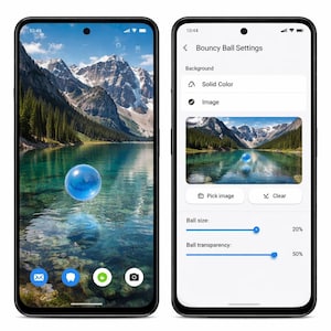 Könnte beinhalten: Zwei Smartphones, die eine Bouncy-Ball-App anzeigen. Der linke Bildschirm zeigt einen blauen Ball über einer Seeszene. Der rechte Bildschirm zeigt Einstellungen: Hintergrundbild, Ballgröße bei 20 % und Transparenz bei 50 %.