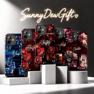 May include: Five smartphone cases featuring character collages from the animated series Hazbin Hotel. The cases display various character portraits, white star accents, and names including Vox, Alastor, Husk, and Charlie in a script font.