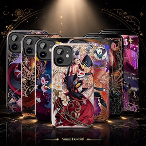 May include: A collection of smartphone cases featuring vibrant, detailed illustrations of animated characters in ornate, dark, and floral settings. Each case displays unique, colorful artwork with intricate patterns, deep reds, purples, and gold accents.