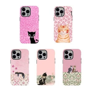 May include: Five phone cases featuring cat illustrations. The first has a pink leopard print and a black cat. The second has pink hearts and an orange cat. The third shows a black cat on a patterned base. The fourth features a black cat with a bow. The fifth displays two cats over a floral pattern.