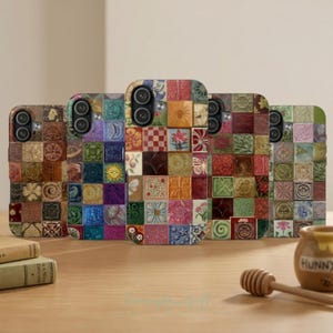May include: A collection of five phone cases with a colorful, mosaic tile design. Each case features a unique arrangement of square tiles in various colors and patterns, including floral, geometric, and abstract motifs. The cases are displayed on a wooden surface.