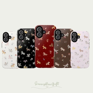 May include: Five phone cases with a repeating unicorn pattern in various colors: white, black, red, brown, and pink. The cases have a glossy finish and are designed to fit a smartphone. The cases are decorated with a repeating pattern of unicorns.