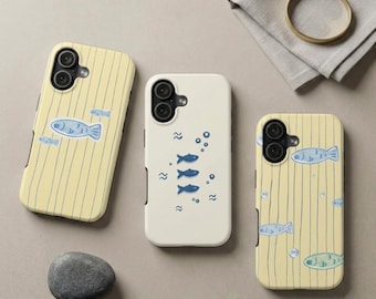 Cream Yellow Stripe Hand Drawn Blue Fish Phone Case - Kawaii Minimalist Ocean Cover iPhone 17 16 15 14 13 12 Pro Max, Samsung S25 24 Ultra