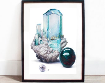 Pisces Birthstone Collection, Fine Art Print from Original Watercolor Painting, Star Sign Gift