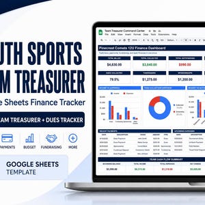 Peut inclure: Un écran d'ordinateur portable affichant un modèle Google Sheets de tableau de bord financier Pinecrest Comets 12U. L'interface présente des tableaux de données financières, un graphique circulaire et des graphiques à barres pour le suivi.