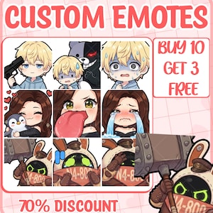 May include: A collection of digital custom emotes featuring various anime-style characters, including a blonde person, a dark-haired person, and a robotic rabbit figure. The text CUSTOM EMOTES, BUY 10 GET 3 FREE, and 70% DISCOUNT are clearly visible.