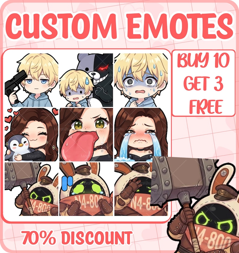 May include: A collection of digital custom emotes featuring various anime-style characters, including a blonde person, a dark-haired person, and a robotic rabbit figure. The text CUSTOM EMOTES, BUY 10 GET 3 FREE, and 70% DISCOUNT are clearly visible.