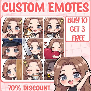 May include: A digital collection of custom emotes featuring a brown-haired character in various expressions and actions, including holding a knife, a heart, and a teacup. The graphic includes the text CUSTOM EMOTES, BUY 10 GET 3 FREE, and 70% DISCOUNT.