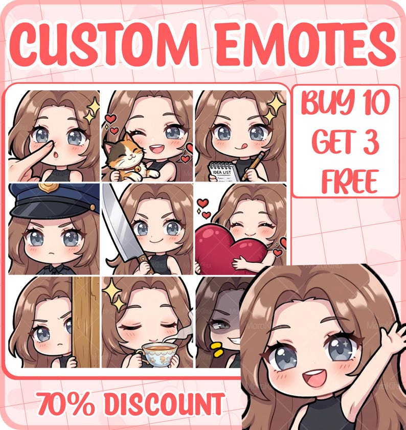 May include: A digital collection of custom emotes featuring a brown-haired character in various expressions and actions, including holding a knife, a heart, and a teacup. The graphic includes the text CUSTOM EMOTES, BUY 10 GET 3 FREE, and 70% DISCOUNT.