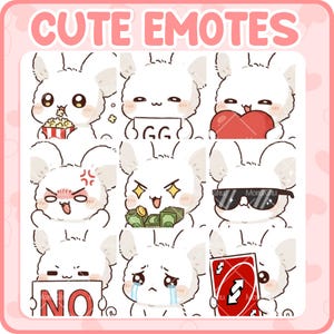 May include: A collection of cute white bunny emotes with various expressions, including holding popcorn, a heart, money, and a "NO" sign. The image also includes the text "CUTE EMOTES" in pink.