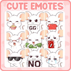 May include: A collection of nine cute mouse emotes with various expressions and props. The emotes include a mouse eating popcorn, holding a "GG" sign, a red heart, an angry face, money, an Uno card, sunglasses, a "NO" sign, and crying. The text "CUTE EMOTES" is at the top.