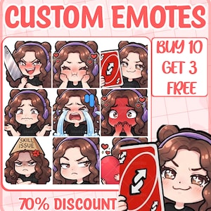 May include: A digital collection of custom emotes featuring a cartoon character with brown curly hair and purple headphones. The character displays various expressions including holding a knife, crying, blushing, and holding a red reverse card.