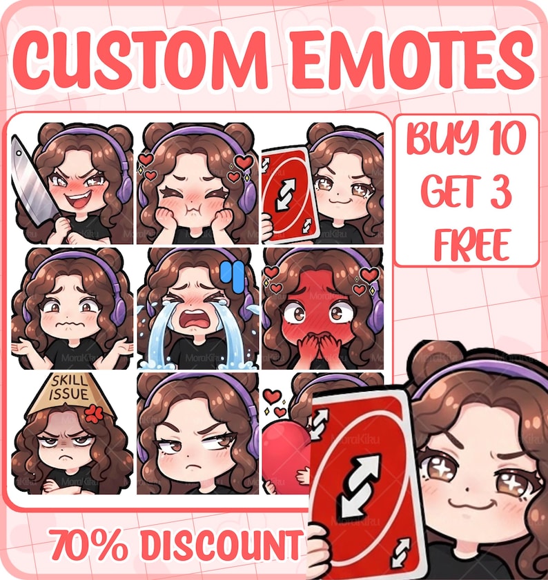 May include: A digital collection of custom emotes featuring a cartoon character with brown curly hair and purple headphones. The character displays various expressions including holding a knife, crying, blushing, and holding a red reverse card.