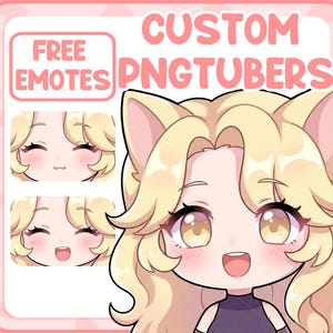 May include: A digital illustration of a cartoon character with blonde hair and cat ears. The character has large eyes and a smiling expression. The image includes the text "FREE EMOTES" and "CUSTOM PNGTUBERS" within a pink frame.