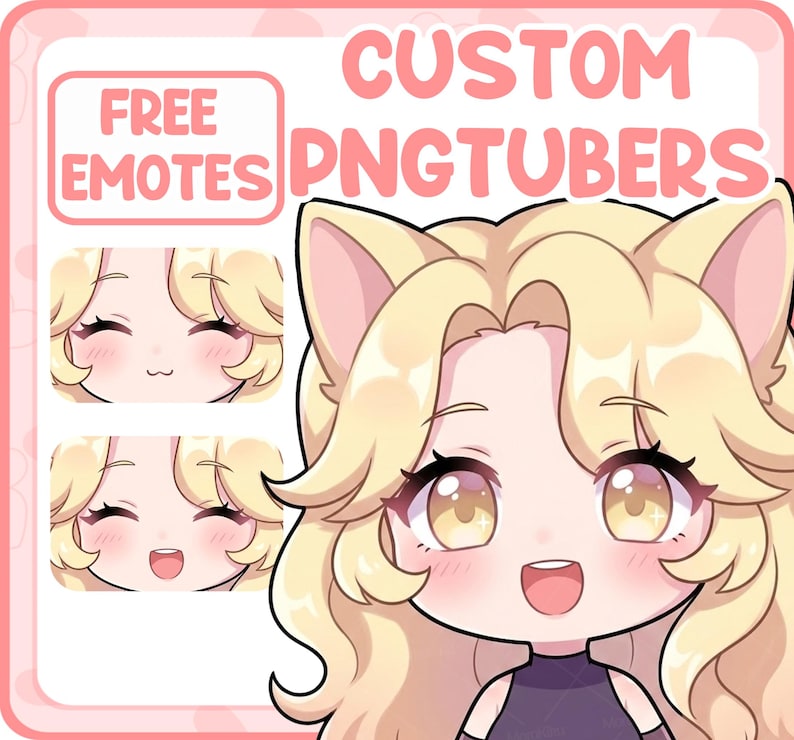 May include: A digital illustration of a cartoon character with blonde hair and cat ears. The character has large eyes and a smiling expression. The image includes the text "FREE EMOTES" and "CUSTOM PNGTUBERS" within a pink frame.
