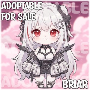 Op de afbeelding: Een digitale illustratie van een chibi-personage met lang wit haar, rode ogen en een katachtige mond. Het personage draagt een wit met zwart jasje, een zwarte harnas-top en een donkere korte broek. De tekst ADOPTABLE FOR SALE en BRIAR is zichtbaar.