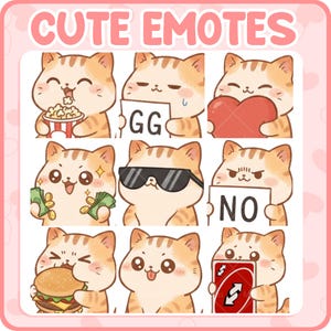 Pode incluir: Uma coleção de emotes de gatos fofos em várias poses. Os gatos seguram pipoca, um coração, dinheiro, óculos de sol, um hambúrguer e uma carta de Uno. O texto "CUTE EMOTES" está no topo.