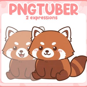 Könnte beinhalten: Illustration von zwei Cartoon-Rotpandas mit unterschiedlichen Ausdrücken. Der Text "PNGTUBER" und "2 expressions" sind in Rosa dargestellt. Die Rotpandas sind braun und hellbraun mit weißen Akzenten und rosa Wangen.