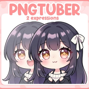 Pode incluir: Ilustração de dois personagens chibi de anime com olhos grandes e cabelo escuro. O texto "PNGTUBER" e "2 expressions" está em rosa. Os personagens usam suéteres pretos.