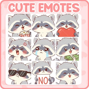 Puede incluir: Una colección de nueve emoticonos de mapache de dibujos animados con varias expresiones, incluyendo feliz, enfadado y triste. El texto "CUTE EMOTES" está en la parte superior, sobre un fondo rosa con acentos de corazón.