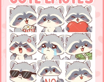 Raccoon Twitch Emotes | Cozy Streamer PNG Pack (9) (Digital Download)