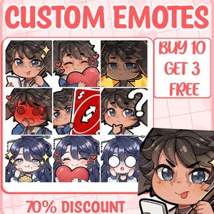 May include: A collection of digital character emotes featuring various expressions including holding a heart, a red reverse card, a question mark, and eating popcorn. The text reads CUSTOM EMOTES, BUY 10 GET 3 FREE, and 70% DISCOUNT in a pink font.