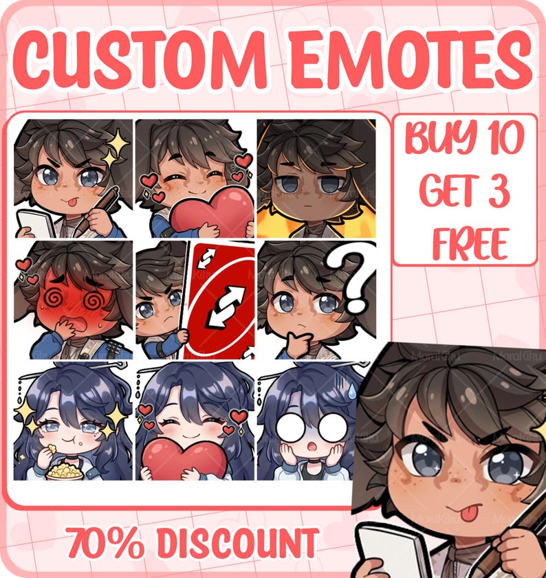 May include: A collection of digital character emotes featuring various expressions including holding a heart, a red reverse card, a question mark, and eating popcorn. The text reads CUSTOM EMOTES, BUY 10 GET 3 FREE, and 70% DISCOUNT in a pink font.