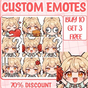 May include: A collection of digital character emotes featuring a blonde anime-style figure with animal ears. The grid displays various expressions including holding a heart, eating a burger, wide eyes, question marks, and pom-poms. Text reads CUSTOM EMOTES, BUY 10 GET 3 FREE, and 70% DISCOUNT.