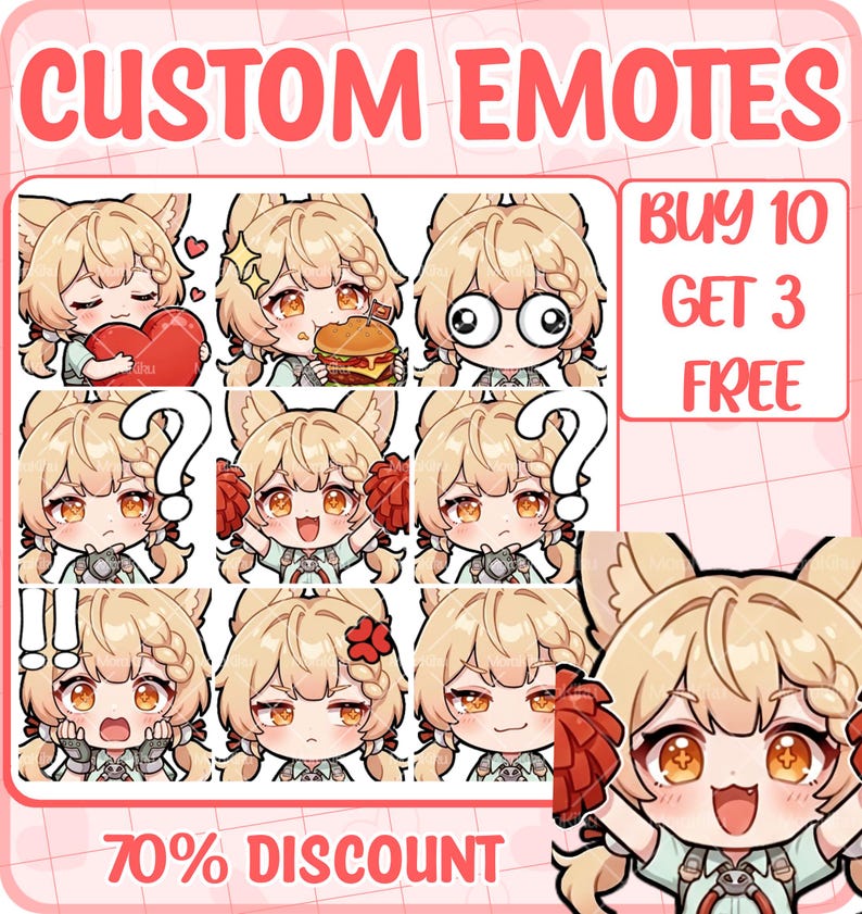 May include: A collection of digital character emotes featuring a blonde anime-style figure with animal ears. The grid displays various expressions including holding a heart, eating a burger, wide eyes, question marks, and pom-poms. Text reads CUSTOM EMOTES, BUY 10 GET 3 FREE, and 70% DISCOUNT.