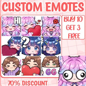 May include: A digital graphic sheet displaying custom emotes featuring anime-style characters with various expressions, including hearts, question marks, and the text HI and GG. The layout includes a box stating BUY 10 GET 3 FREE and 70% DISCOUNT.