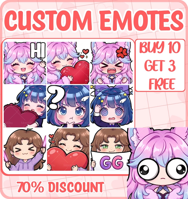 May include: A digital graphic sheet displaying custom emotes featuring anime-style characters with various expressions, including hearts, question marks, and the text HI and GG. The layout includes a box stating BUY 10 GET 3 FREE and 70% DISCOUNT.